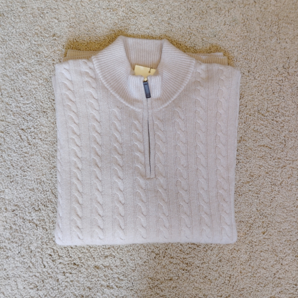 NEW Merino Wool Men's Beige Cable Knit Zip-Up Sweater